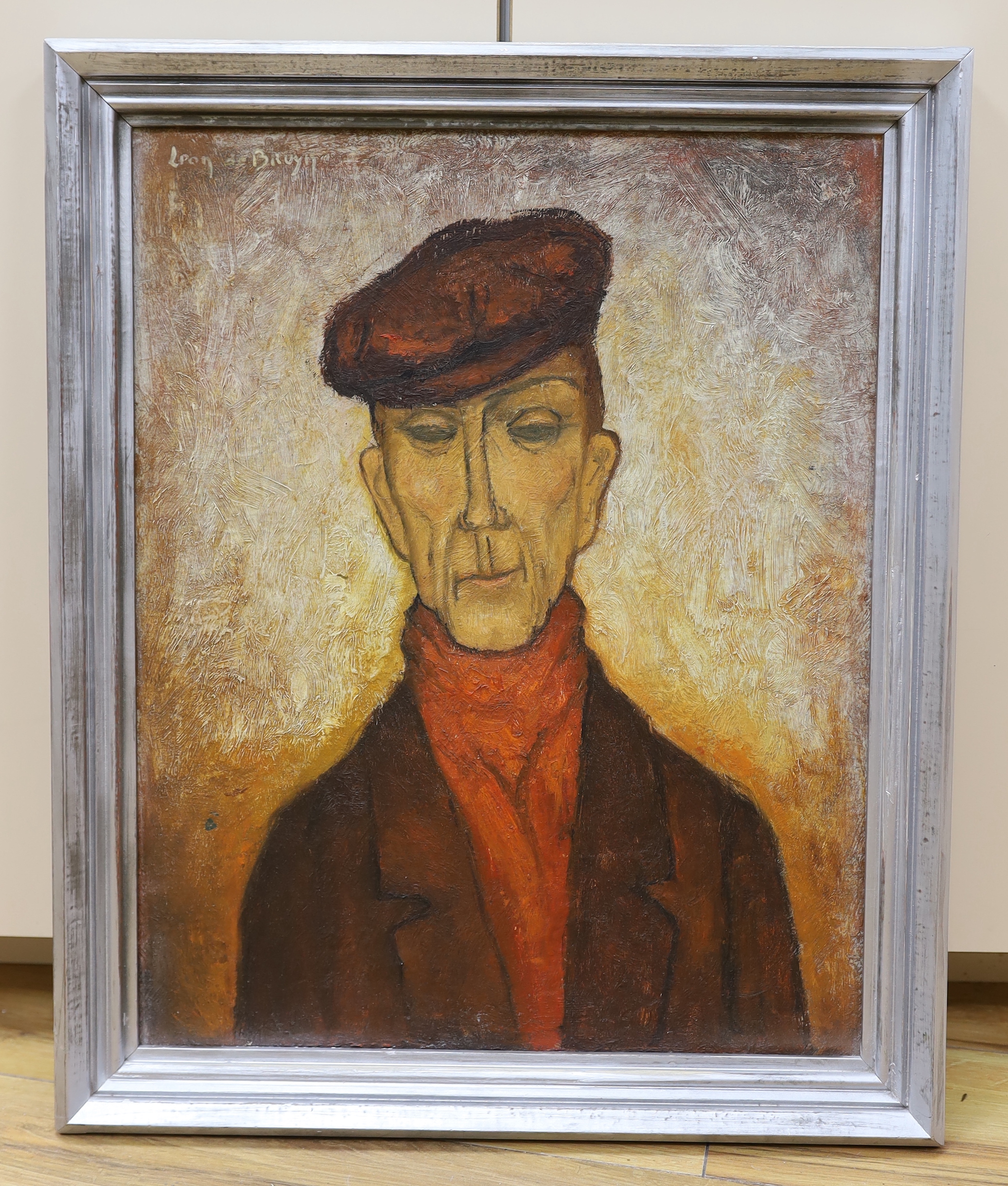 Leon de Bruyn (Belgian, b.1901), oil on board, Portrait of a man wearing a cap, signed, 49 x 39cm